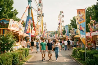 Famille heureuse entrant dans un parc de loisirs coloré en Moselle avec manèges et verdure en arrière-plan