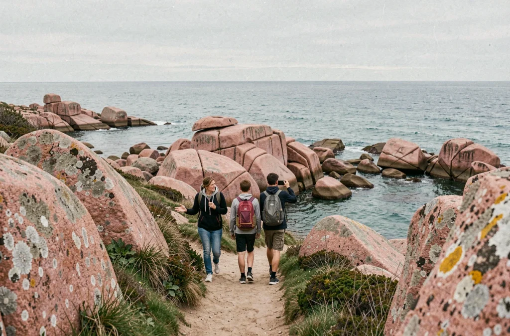 Famille sur le Sentier des Douaniers à Perros-Guirec, longeant les rochers de granit rose au bord de la mer de Bretagne