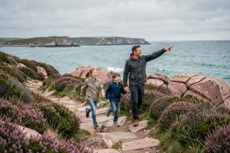 Famille en balade sur le sentier côtier en Côtes-d'Armor, avec falaises de granit rose et mer turquoise en arrière-plan