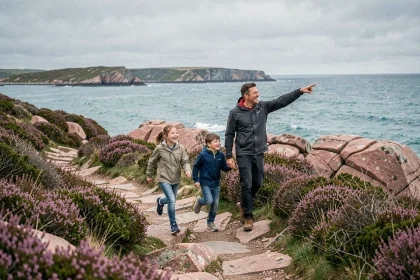 Famille en balade sur le sentier côtier en Côtes-d'Armor, avec falaises de granit rose et mer turquoise en arrière-plan
