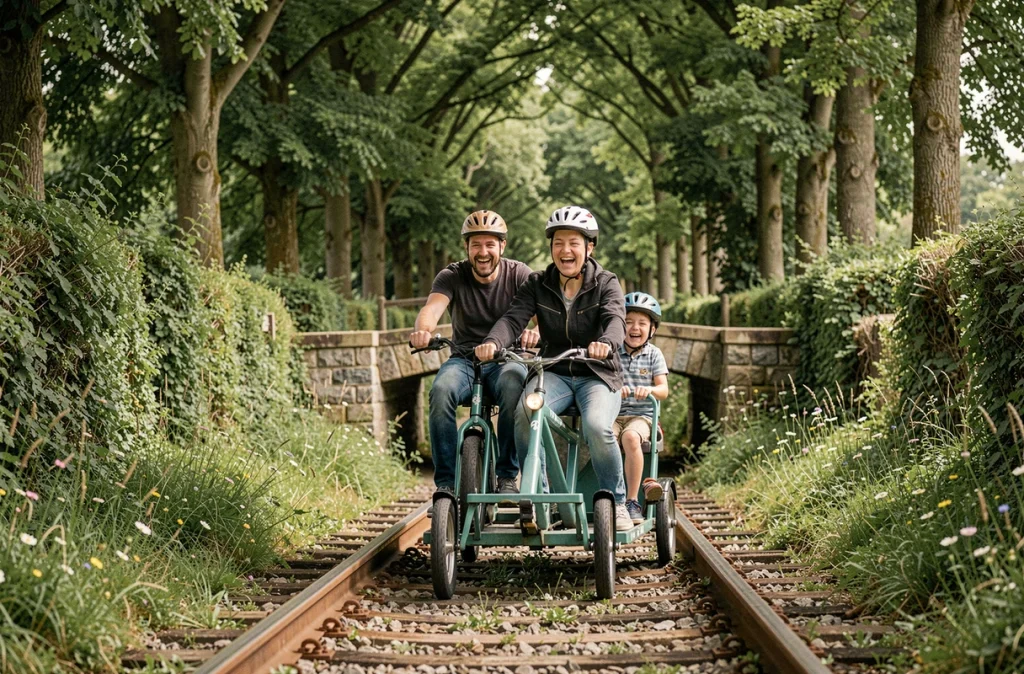 Famille pédalant sur un vélorail en forêt bretonne à Plœuc-L'Hermitage, tous souriants avec casques et paysage verdoyant