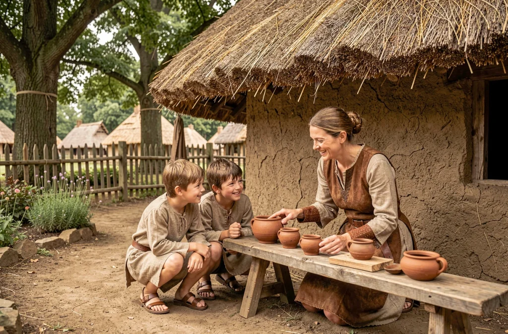 Enfants en costume gaulois devant une hutte reconstituée au Village Gaulois de Pleumeur-Bodou, accompagnés d'une guide en tenue celtique