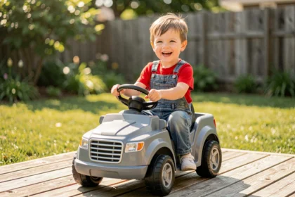 Jeune garçon souriant assis dans un camion électrique jouet rouge dans un jardin ensoleillé, cadeau idéal pour anniversaire enfant