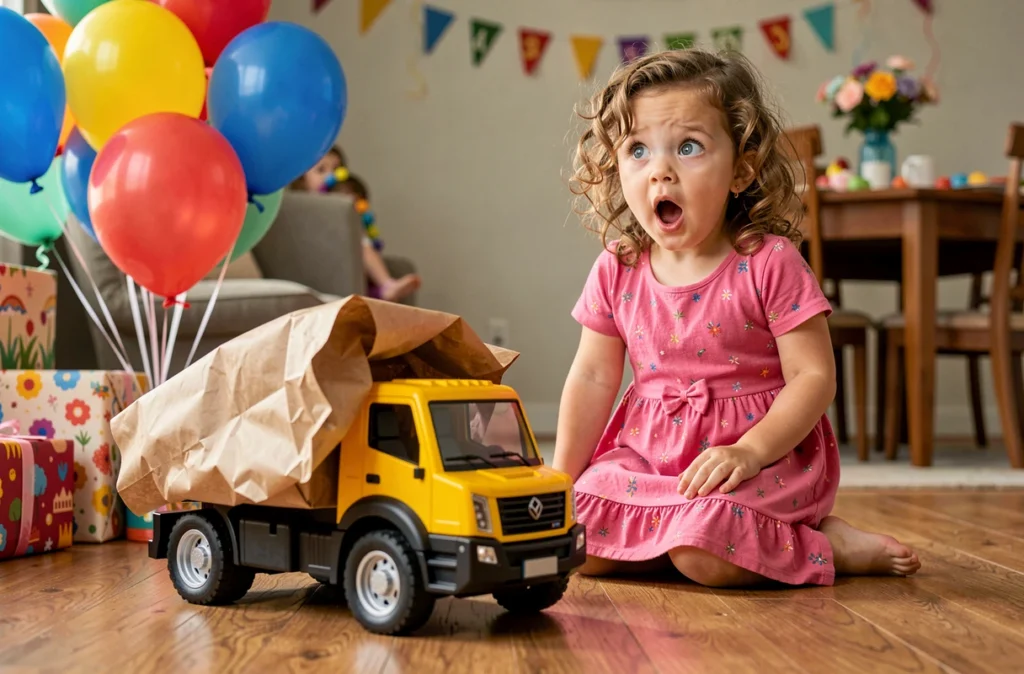 Petite fille surprise découvrant un camion électrique jouet emballé comme cadeau d'anniversaire dans un salon festif